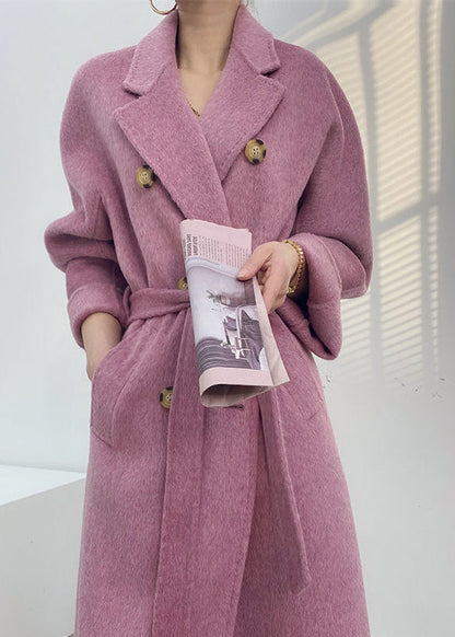 Purple Double Breast Tie Waist Woolen Coats Winter