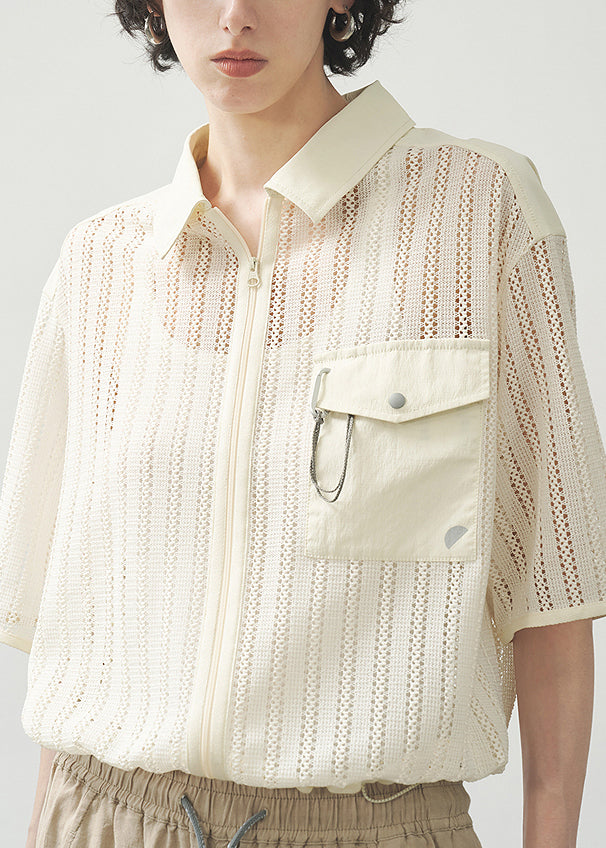 Beige Zippered Hollow Out Coat Short Sleeved