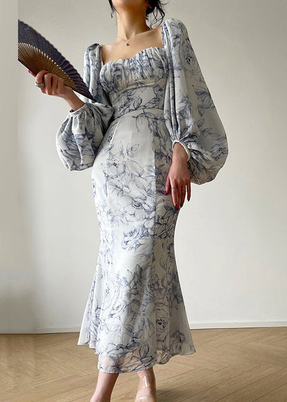 Stylish Blue Square Collar Print Tops and Skirts Chiffon Two Pieces Set Spring
