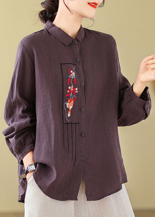 New Purple Embroideried Cotton Blouses Long Sleeve