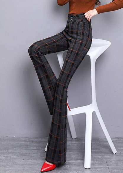 Red Plaid Button Zippered Woolen Bell Bottomed Trousers Spring
