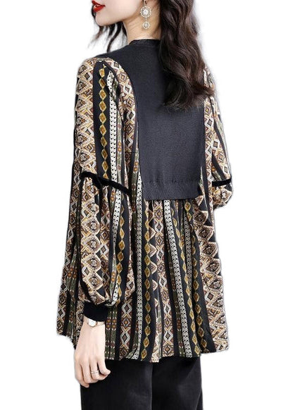Black O-neck Patchwork Striped Print Shirt Tops Long Sleeve