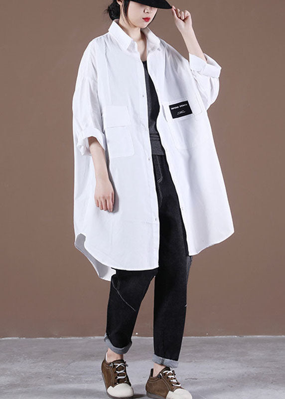 French White Peterpan Collar Pockets Fall Long Sleeve Blouses
