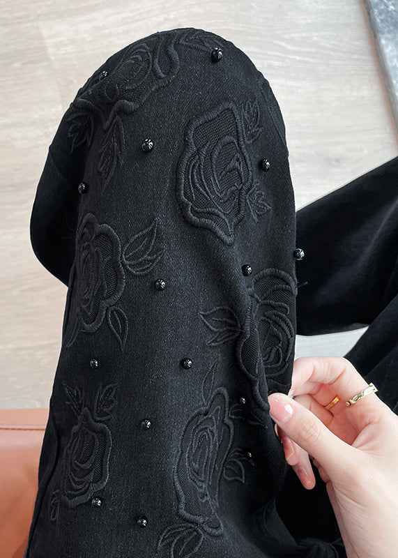 Black Embroidered Nail Bead Denim Bell-bottom Trousers Fall