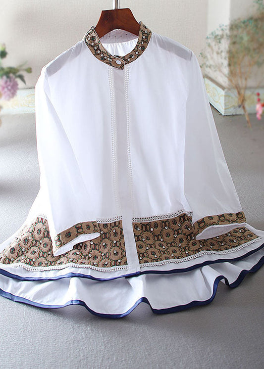 White Embroidered Patchwork Zircon a Line Blouse Top Spring