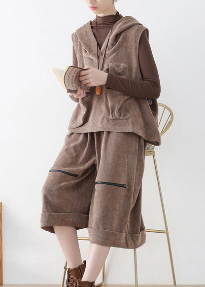 Khaki Velour Hooded Waistcoat and Crop Pants Two Pieces Set Fall