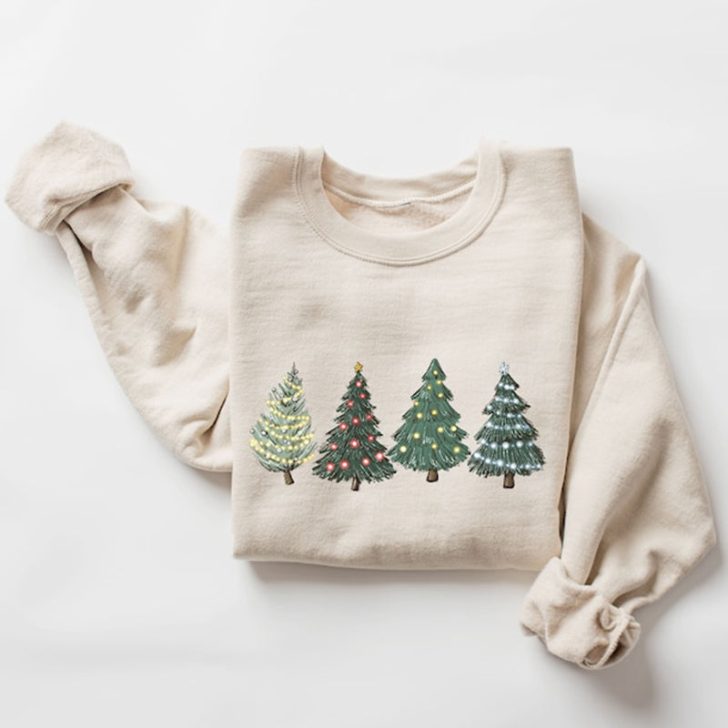 Comstylish Women's Holiday Christmas Tree Print Crew Neck Sweatshirt