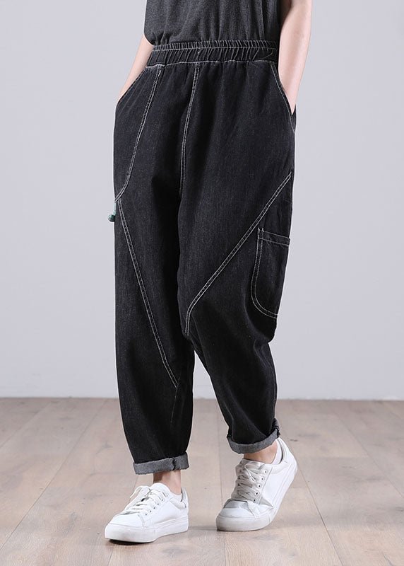 Classy Black Elastic Waist Pockets Harem Fall Patchwork Pants