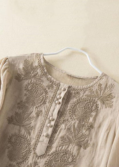 Apricot Embroideried Wrinkled Patchwork Cotton T Shirt Summer