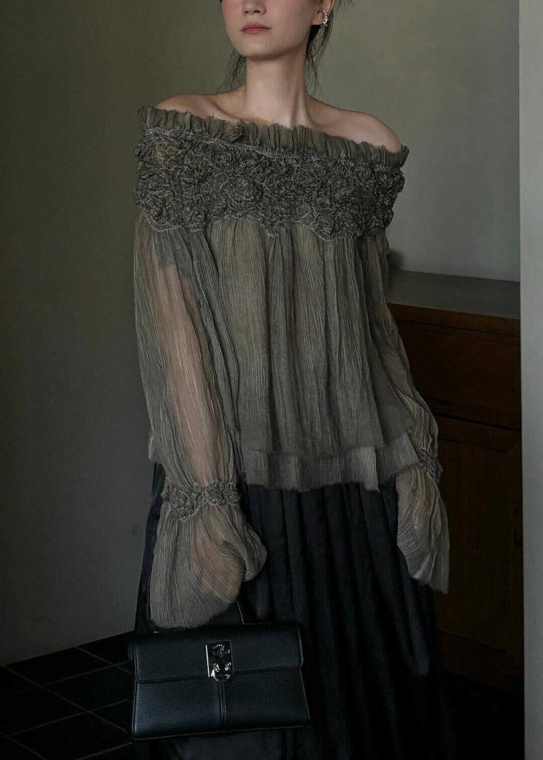 French Slash Neck Ruffled Patchwork Silk Cotton Top Spring