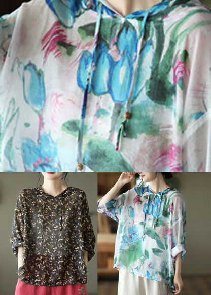 Black Peter Pan Collar Print Linen Hooded Shirt Long Sleeve
