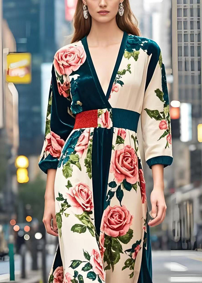 Peacock Green Cinched Print Silk Velour Dress Spring