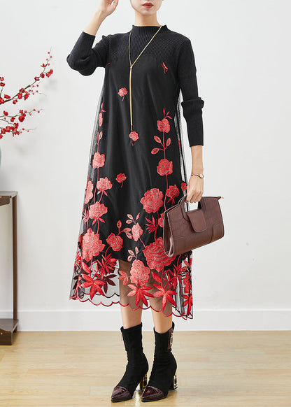 Red Silm Fit Knit Long Dress Embroideried Fall