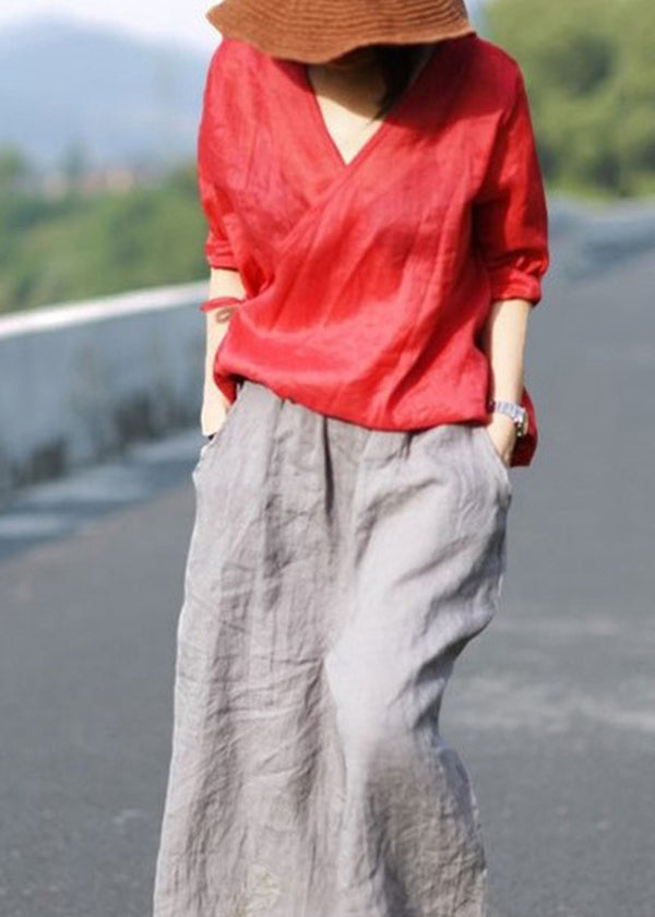 Red Tie Waist V Neck Asymmetrical Design Linen Top Three Quarter Sleeve