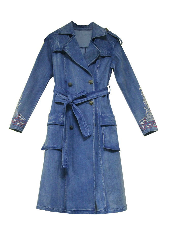 Simple Blue Peter Pan Collar Pockets Embroideried Double Breast Sashes Cotton Denim Trench Coats Spring