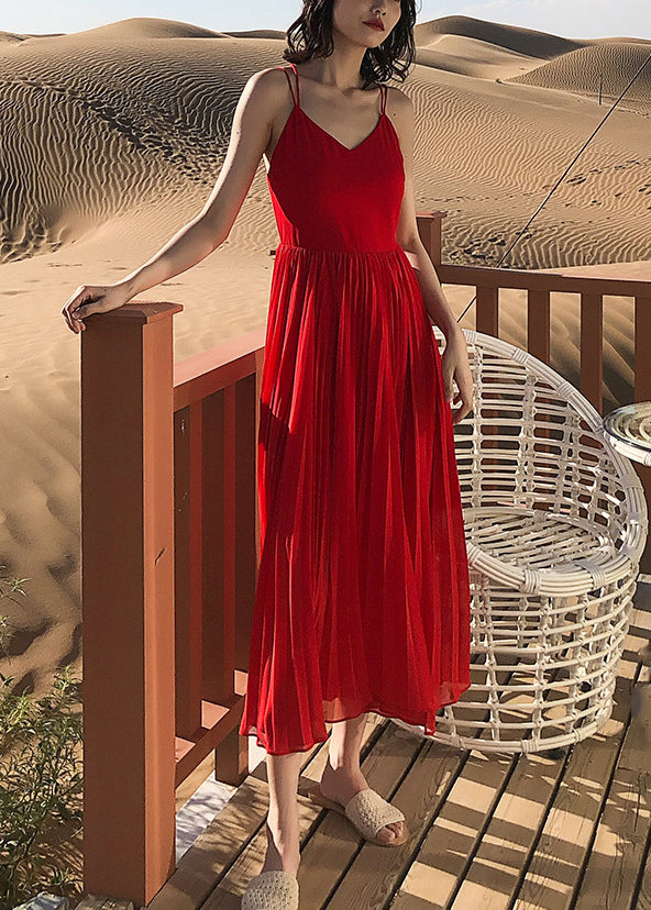 Red Wrinkled Chiffon Spaghetti Strap Dress V Neck Summer