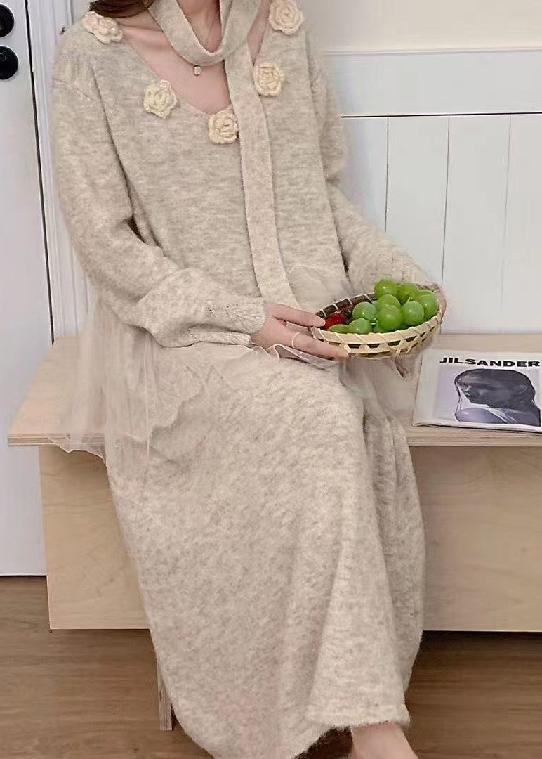 Beige Patchwork Knit Two Piece Set Clothing Winter