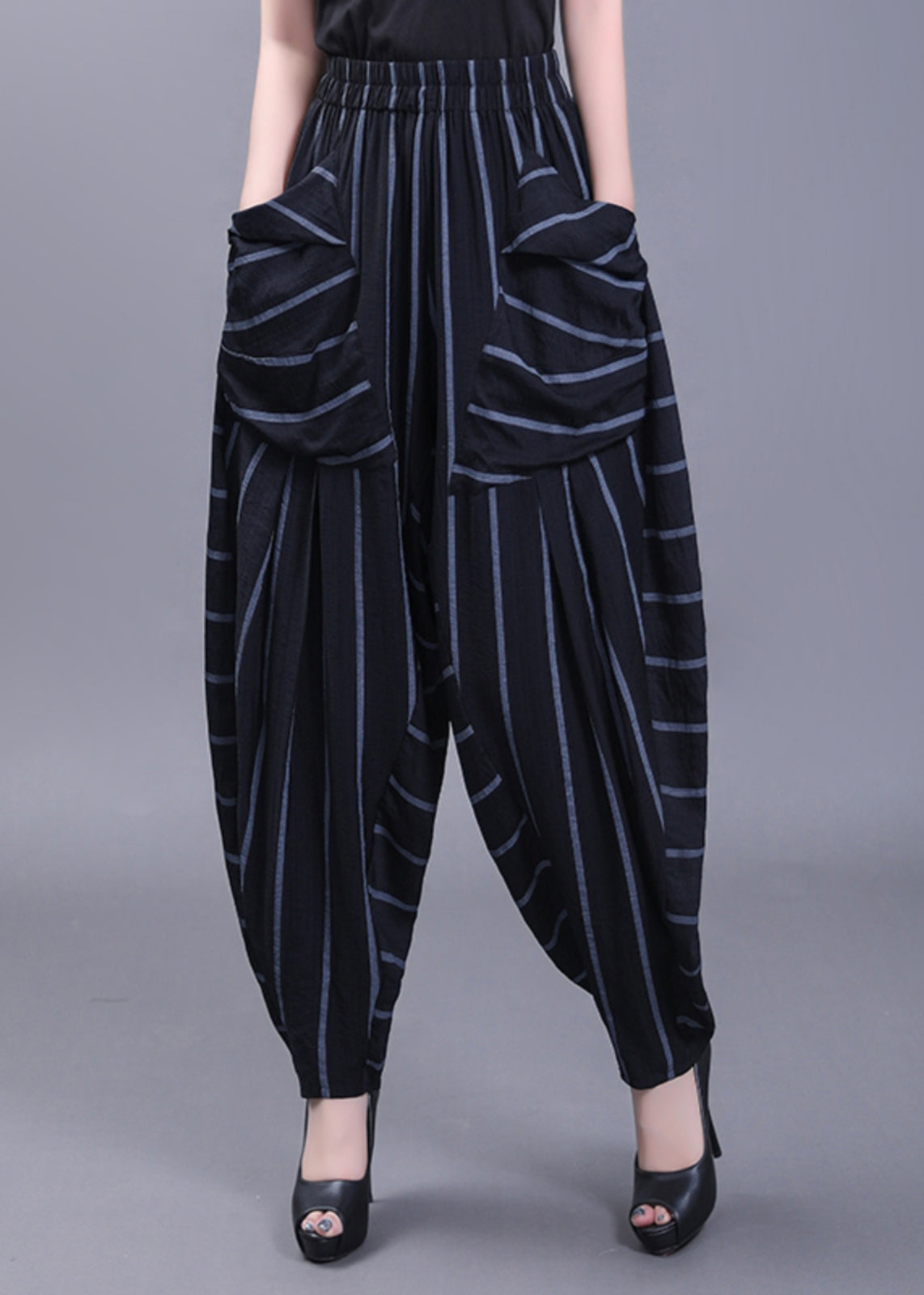 Black Pockets Striped High Waist Cotton Harem Pants Fall