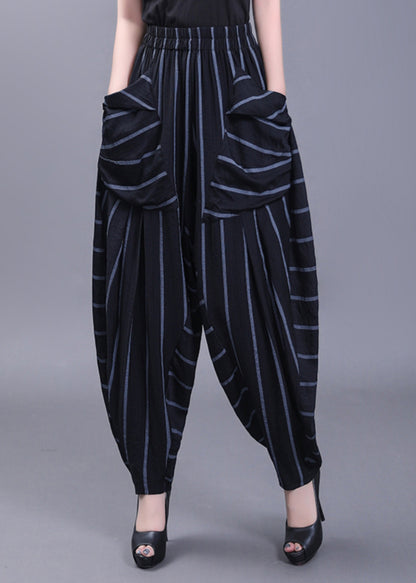 Black Pockets Striped High Waist Cotton Harem Pants Fall