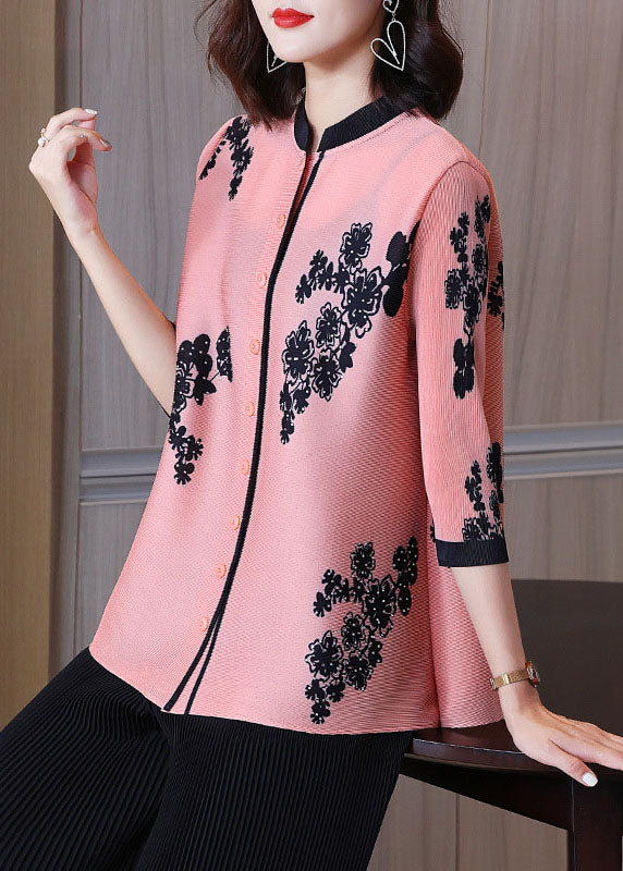 Pink Stand Collar Print Patchwork Button Shirts Bracelet Sleeve