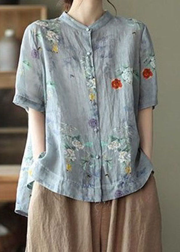 Yellow Flower Print Cotton Shirts Low High Design Short Sleeve