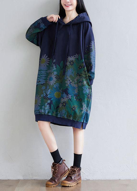 Navy Hooded Pockets Print Side Open Fall Sweatshirts Dress