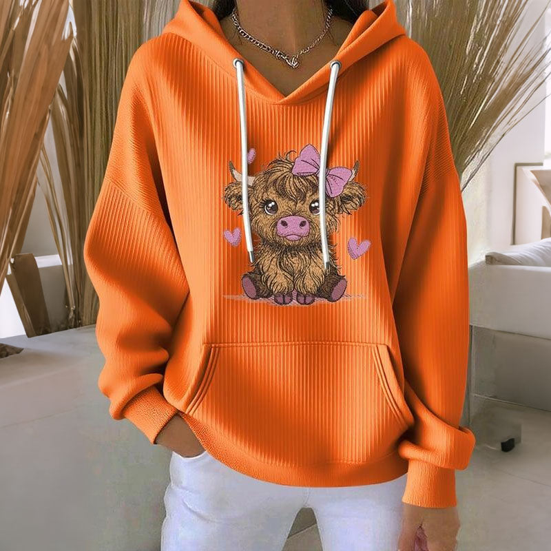 Comstylish Women's Cute Heart Highland Cow Print Long Sleeve Casual Hoodie