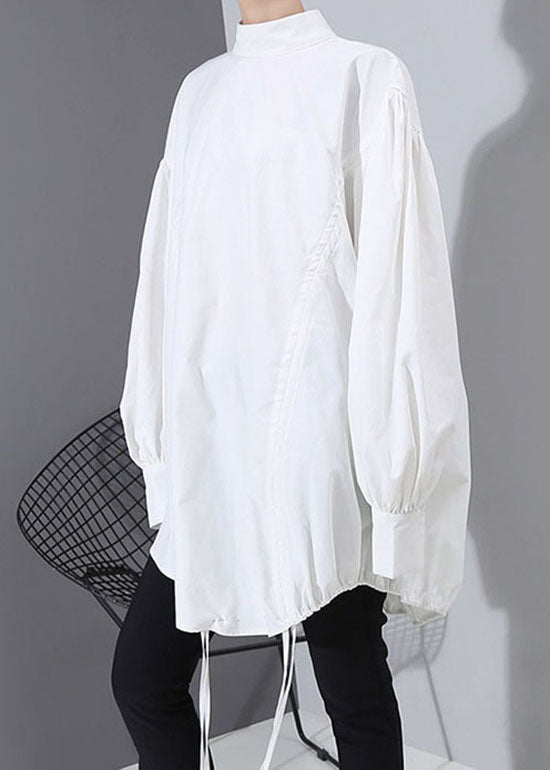 Italian White Drawstring Stand Collar Tops Puff Sleeve
