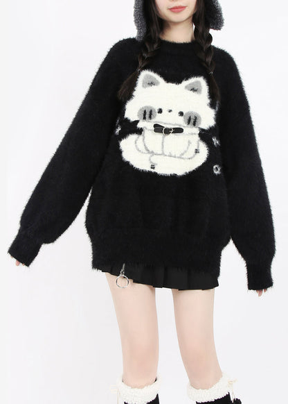 Boutique Black Oversized Cat Faux Mink Hair Knit Short Sweater Winter