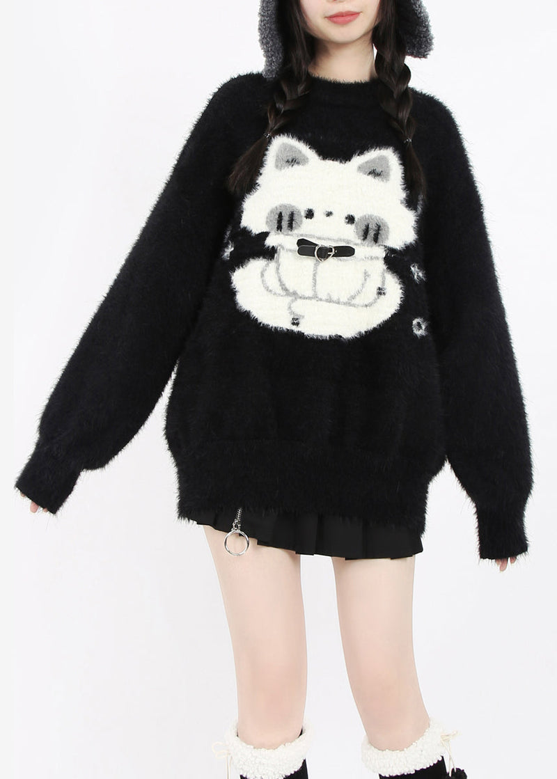 Boutique Black Oversized Cat Faux Mink Hair Knit Short Sweater Winter