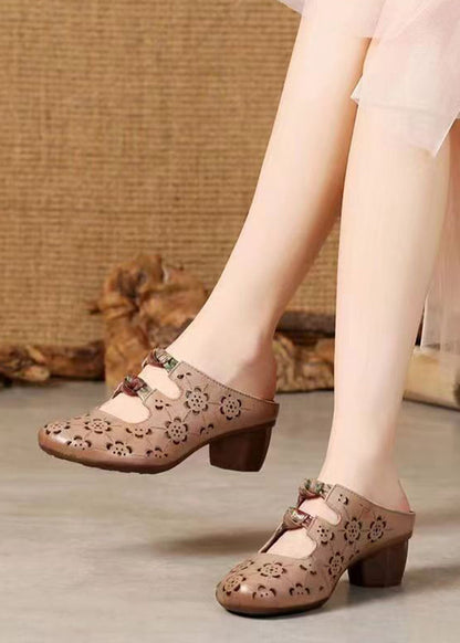 Brown High Heels Chunky Cowhide Leather Hollow Out High Heels