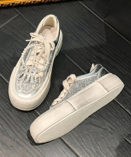 Silk Platform Cowhide Leather Splicing Lace Up Sequins Flat Shoes for