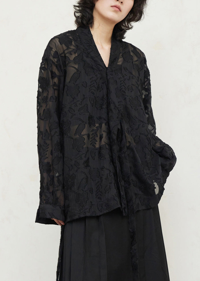 Black V Neck Tie Waist Lace Top Fall