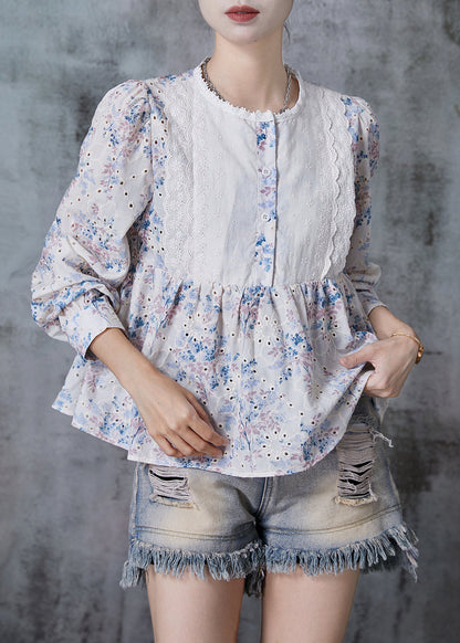 Apricot Print Patchwork Lace Cotton Shirt Summer