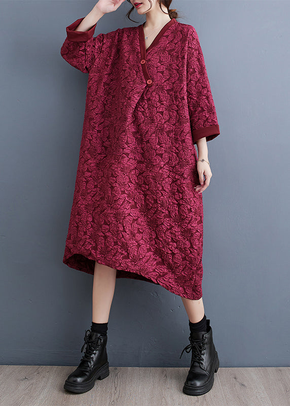 Red V Neck Jacquard Patchwork Cotton Dress Fall