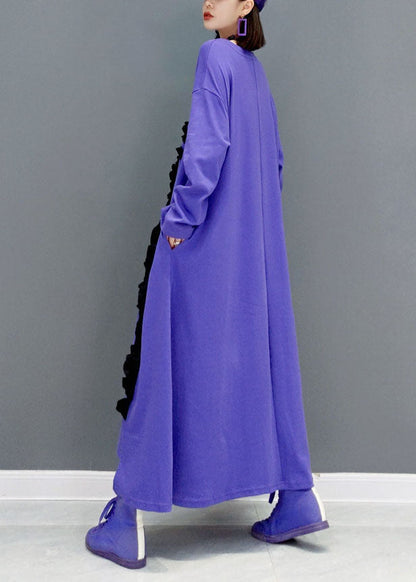 Purple O-neck Asymmetrical Ruffled Cotton a Line Dress Spring