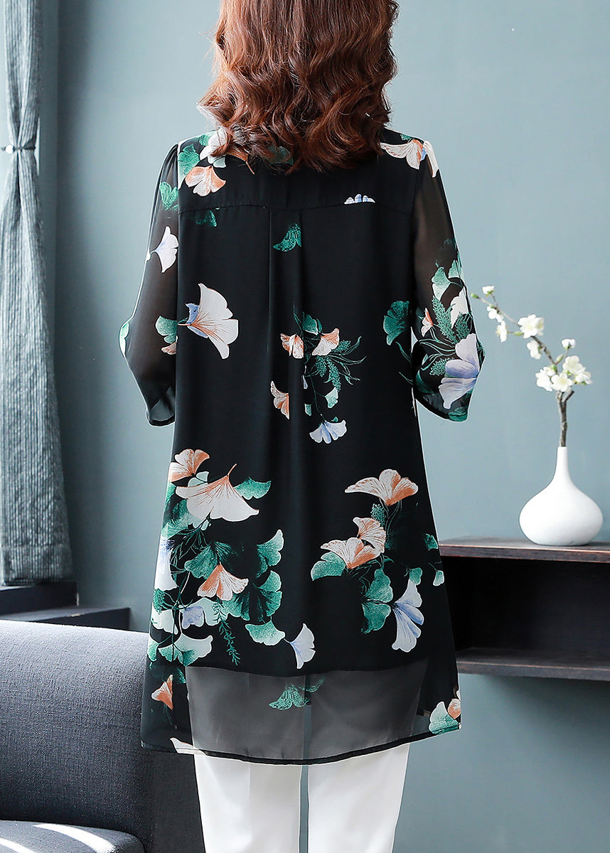 Black Button Peter Pan Collar Print Long Chiffon Shirt Tops Half Sleeve