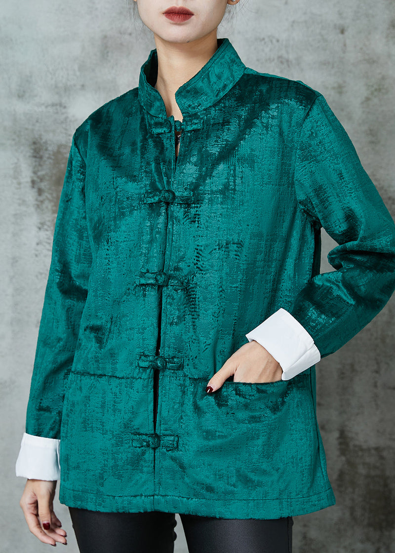 Peacock Green Stand Collar Chinese Button Cotton Coats Spring