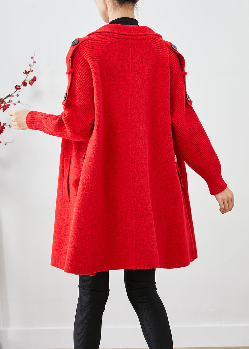 Red Oversized Knit Patchwork Woolen Coat Fall