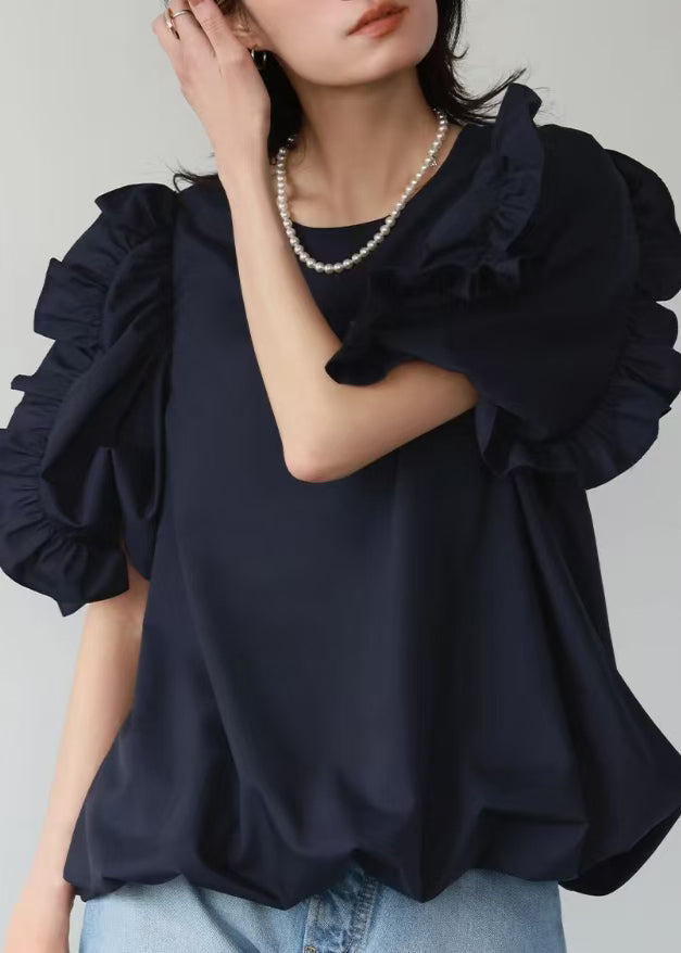 Navy Ruffled Oversized Cotton Tops Puff Sleeve