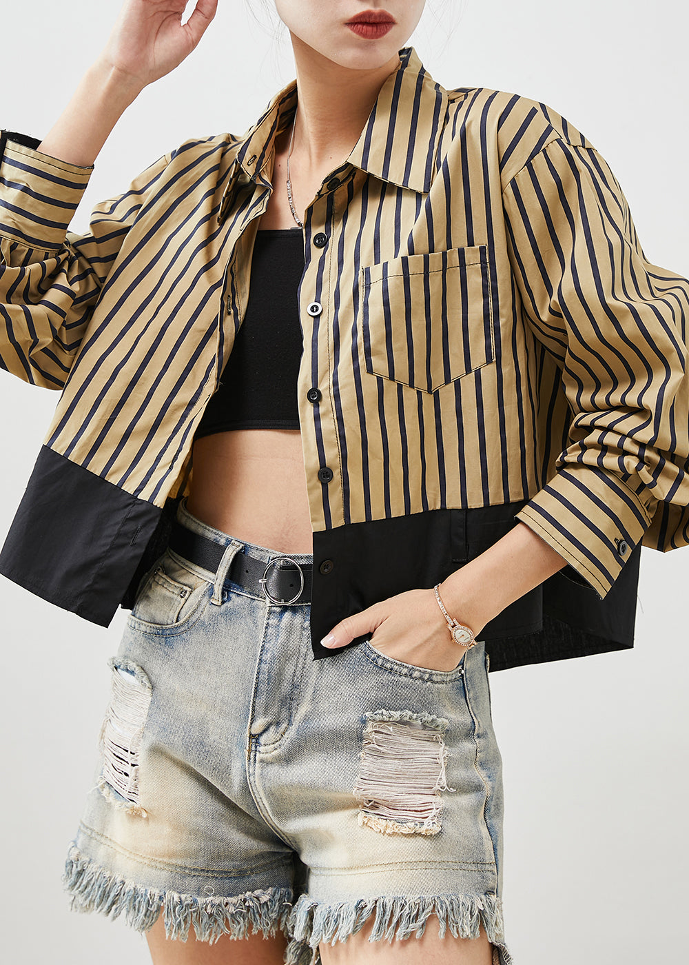 Diy Khaki Striped Patchwork Cotton Blouses Spring