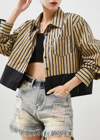 Diy Khaki Striped Patchwork Cotton Blouses Spring