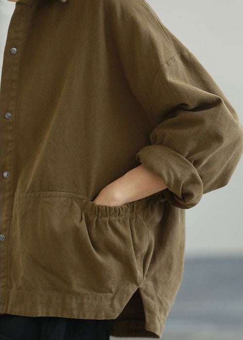 Army Green Ruffled Pockets Color Cotton Jacket Long Sleeve