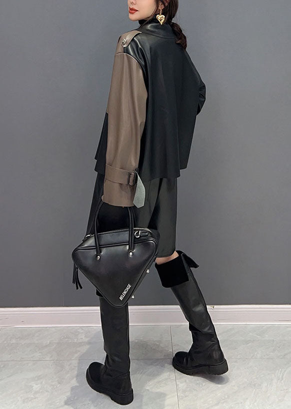 Unique Colorblock Notched Patchwork Faux Leather Coat Spring