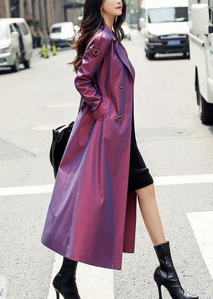 Purple Button Pockets Patchwork Cotton Long Trench Coats Fall