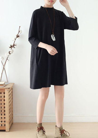 Black Zippered Cotton Long Sleeve Pockets Fall Dress