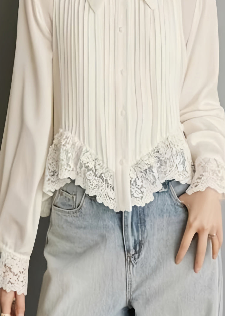 Art White Button Lace Chiffon Blouses Spring
