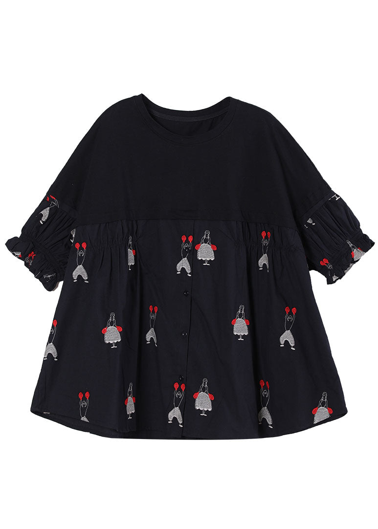 Black O-neck Embroideried Patchwork Cotton Shirts Short Sleeve