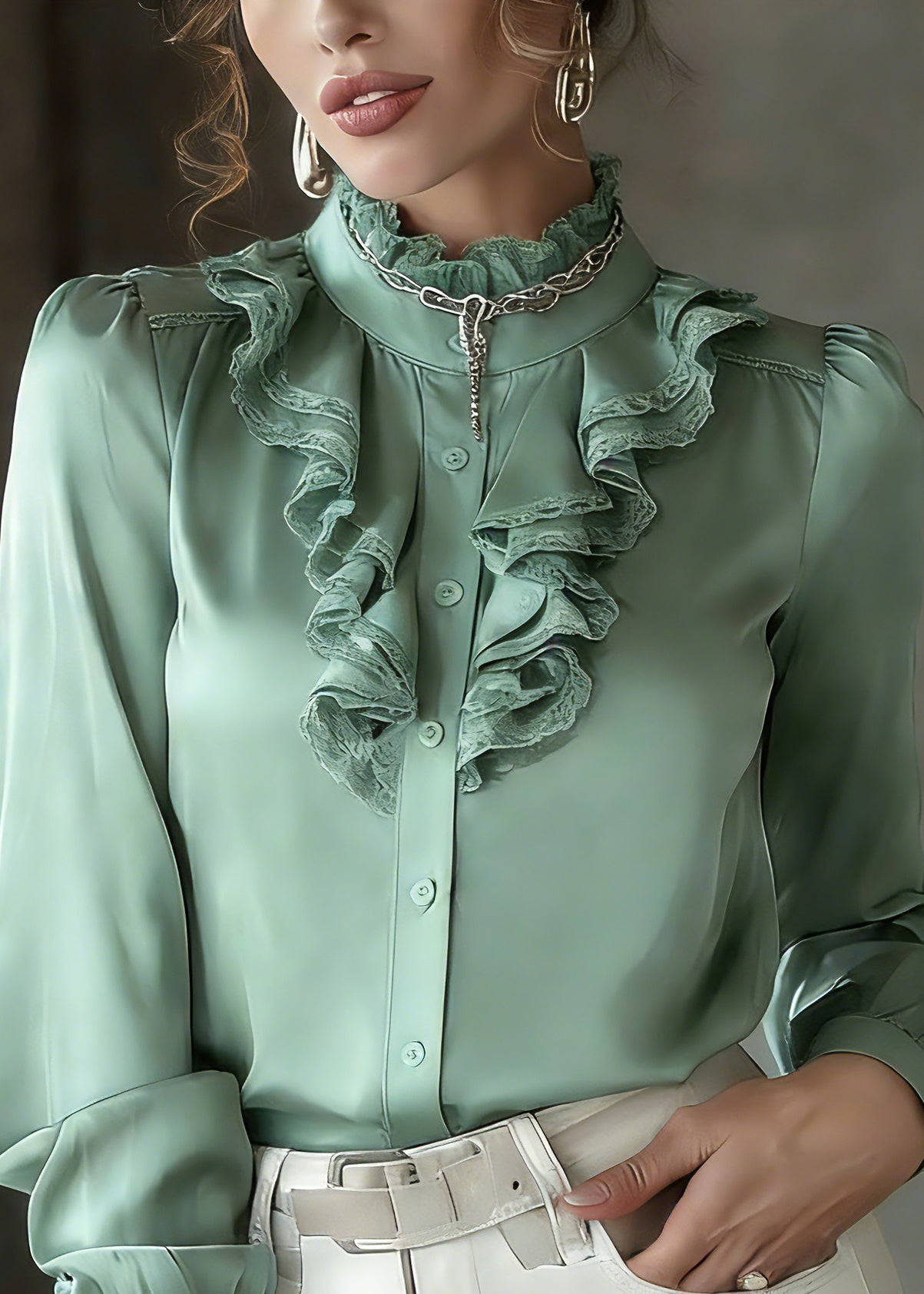 Green Ruffled Patchwork Silk Shirt Lantern Sleeve