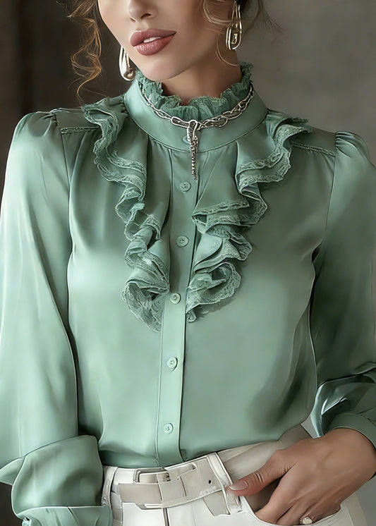 Green Ruffled Patchwork Silk Shirt Lantern Sleeve